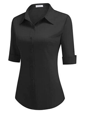 100% Cotton Womens Slim Fit Button Down Shirt 3/4 Sleeve Office Business Blouse